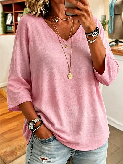 Women'S Casual V-Neck Solid Color Seven Quarter Sleeve T-Shirt