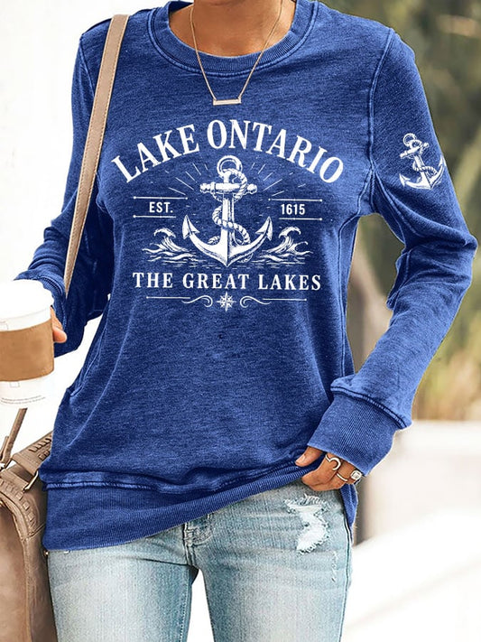 Retro Lake Ontario Est 1615 The Great Lakes Print Sweatshirt