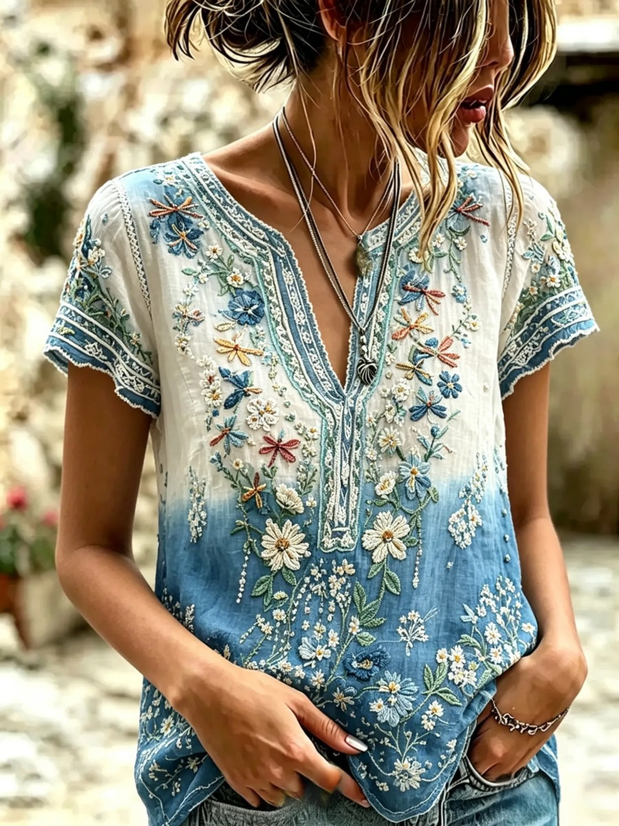 Women's Vintage Floral Textured Art Print Short-Sleeve Top