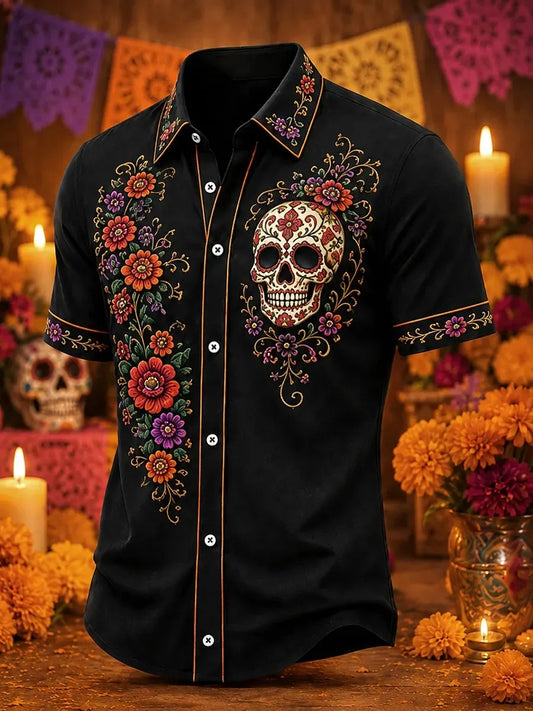 Men's Day Of The Dead Floral Skull And Curving Blossom Vines Print Short Sleeve Buttons Shirt