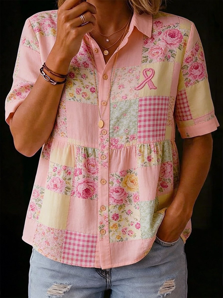 Women's Casual Floral Art Breast Cancer Awareness Print Shirt