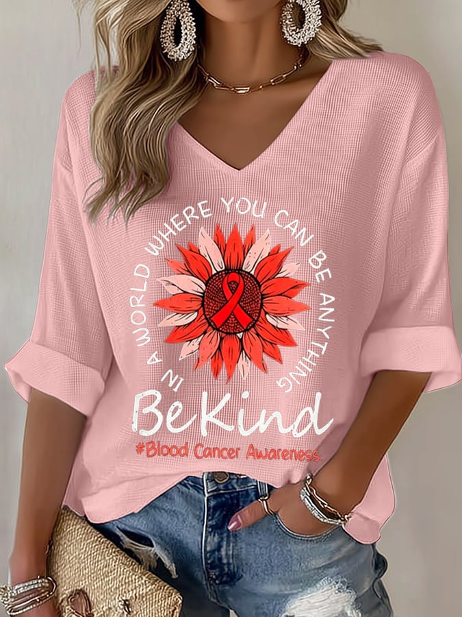 Women's Blood Cancer Red Ribbon Health Awareness Casual Printed Waffle Top