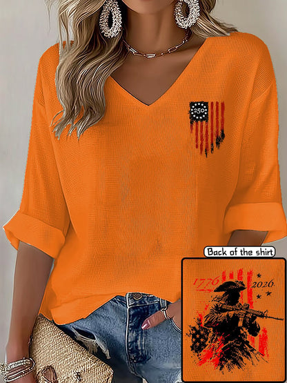 V-Neck 250th Anniversary Distressed American Flag 2-sided Print T-Shirt