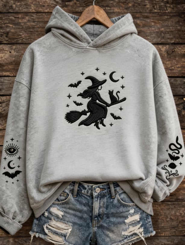 Flying Witch And Black Cat Halloween Aesthetic Hoodie