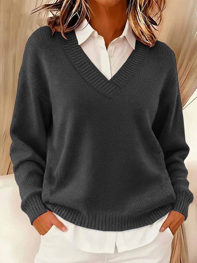 Women's Casual V-neck Long-sleeved Sweater