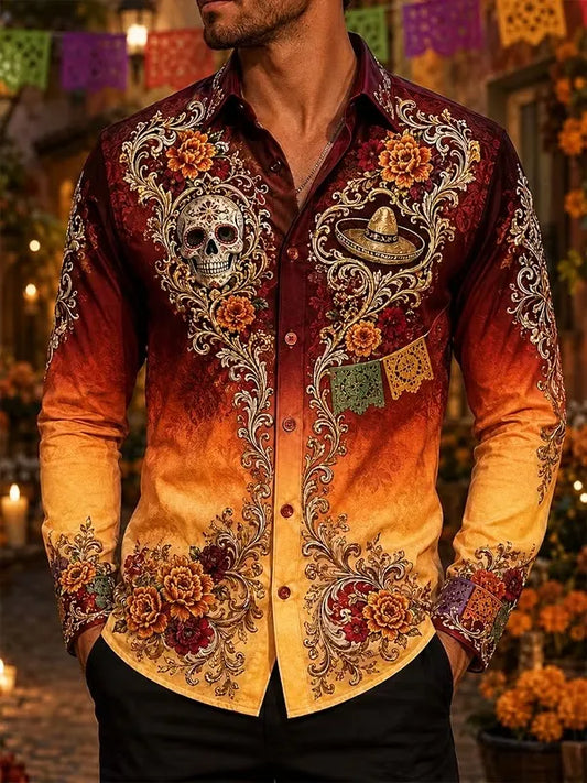 Men's Mexican Day of the Dead Gradient Sugar Skull Sombrero Floral Print Long Sleeve Shirt