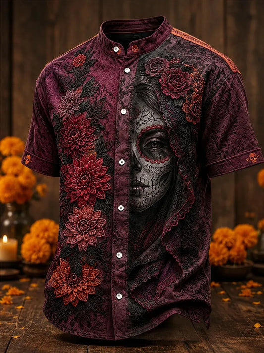 Men's Day Of The Dead Half Skull Face Portrait Print Stand Collar Short Sleeve Shirt