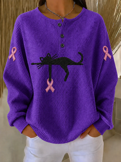 Women'S Pink Ribbon Cat Print Breast Cancer Awareness Casual Pattern Top
