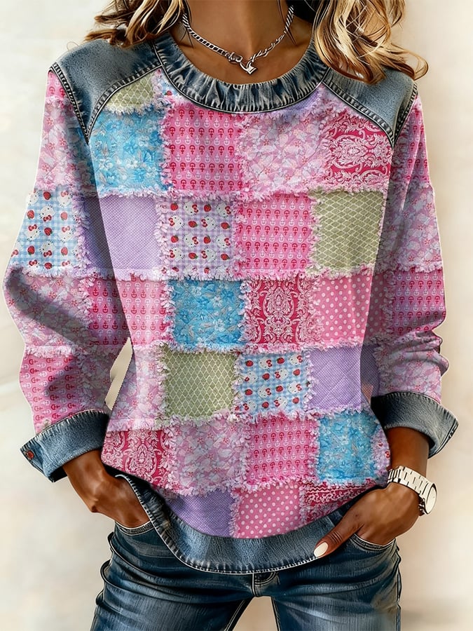 Women's Casual Retro Pink Color Block Sweatshirt