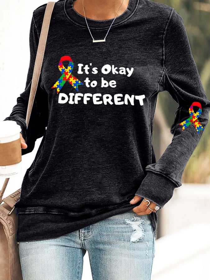 Retro Autism Awareness Ribbon It's Ok To Be Different Print Sweatshirt