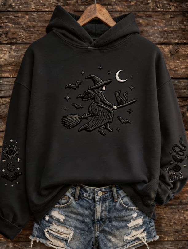 Flying Witch And Black Cat Halloween Aesthetic Hoodie