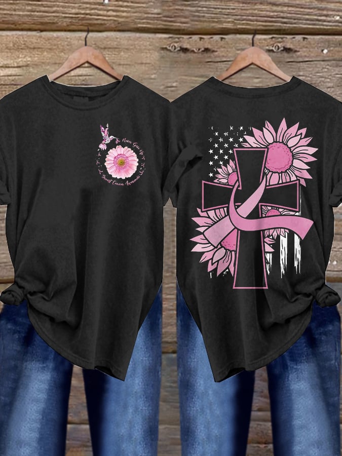 Women's Casual Breast Cancer Ribbon Cross American Flag Print Short Sleeve T-Shirt