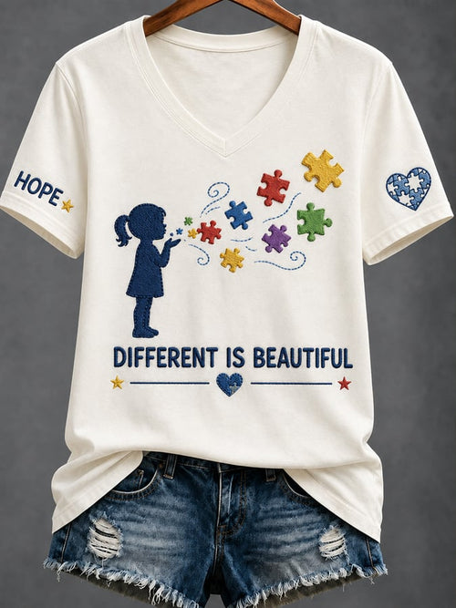 Women'S Casual V-Neck Top With Autism Awareness Print