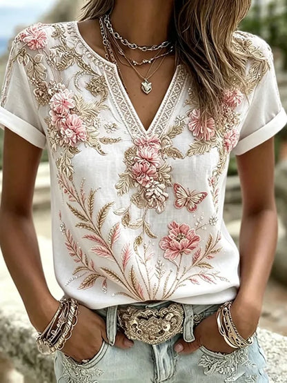 Women's  Floral Cotton-Linen Print Top