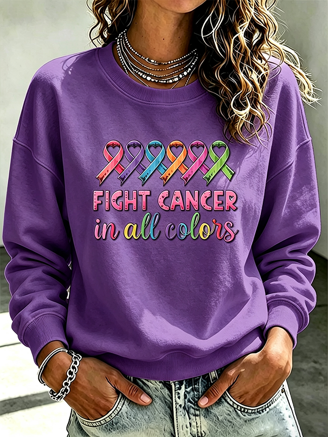 Women's Casual Cancer Promotion Month Multi Color Round Neck Top