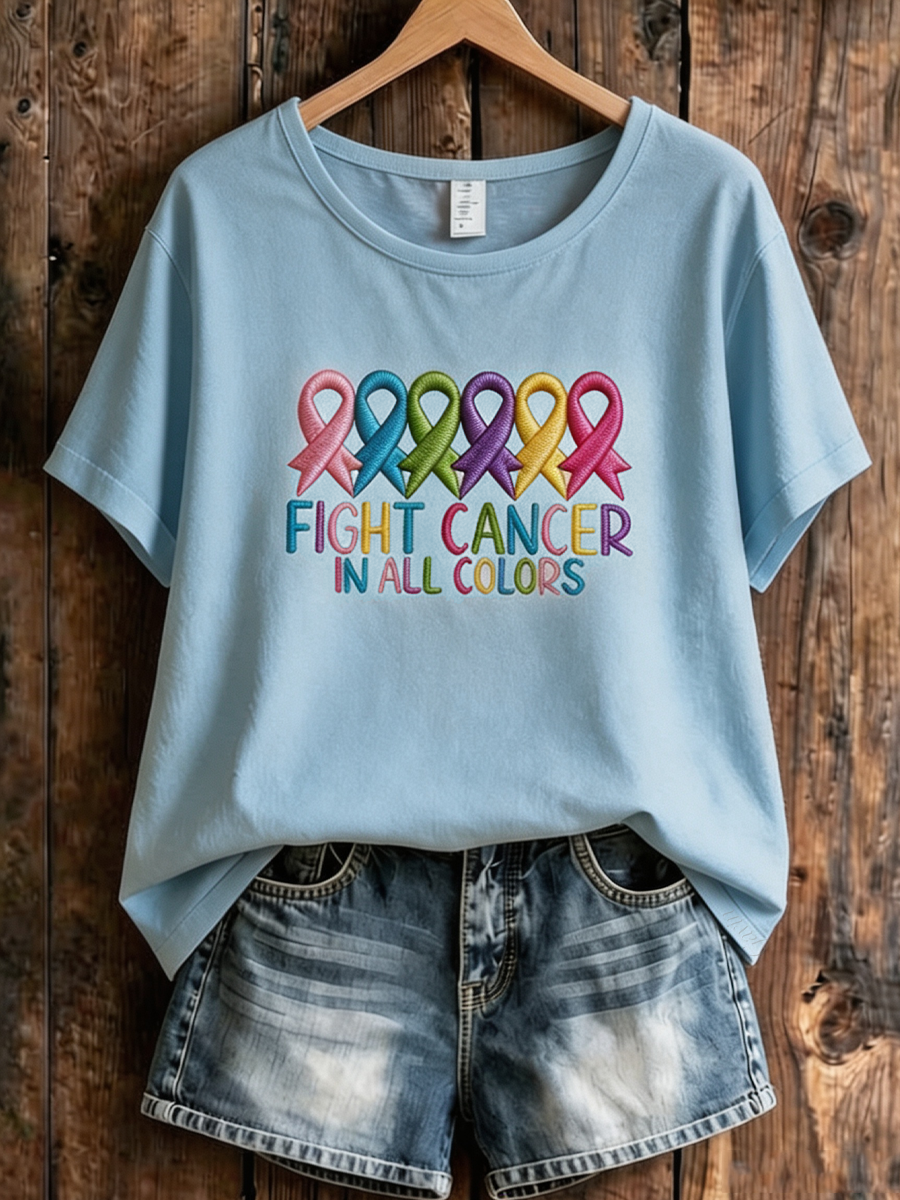 Women'S Casual Cancer Promotion Month Multi Color Round Print Short-Sleeve T-Shirt