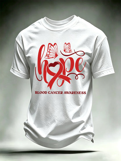 Men's T-shirts with designs promoting awareness of blood cancers