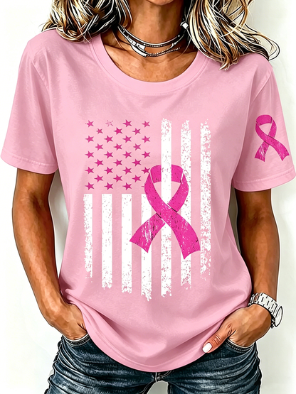 Pink Series Disease Health Awareness Public Welfare Printed Round Neck T-Shirt
