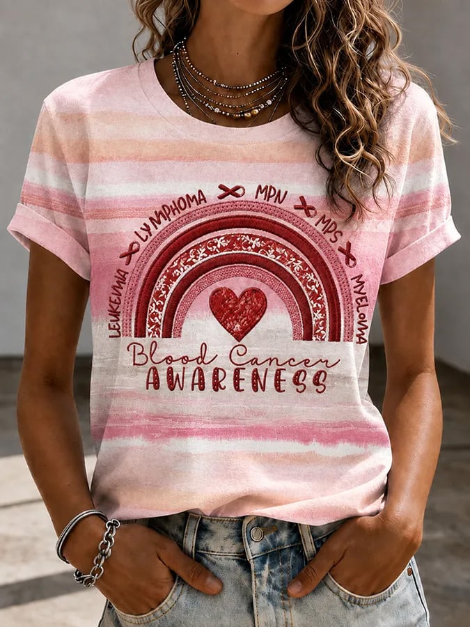 Women'S Blood Cancer Red Ribbon Health Awareness Round Neck T-Shirt