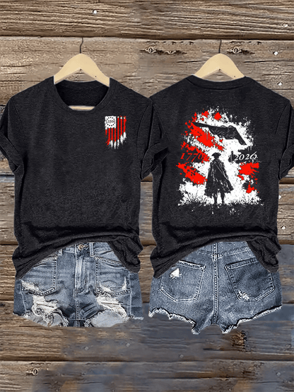 Women's  Round-Neck 250 US Flag Print T-Shirt