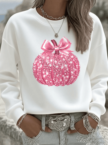 Women's Breast Cancer Sequin Pumpkin Print Crew Neck Sweatshirt