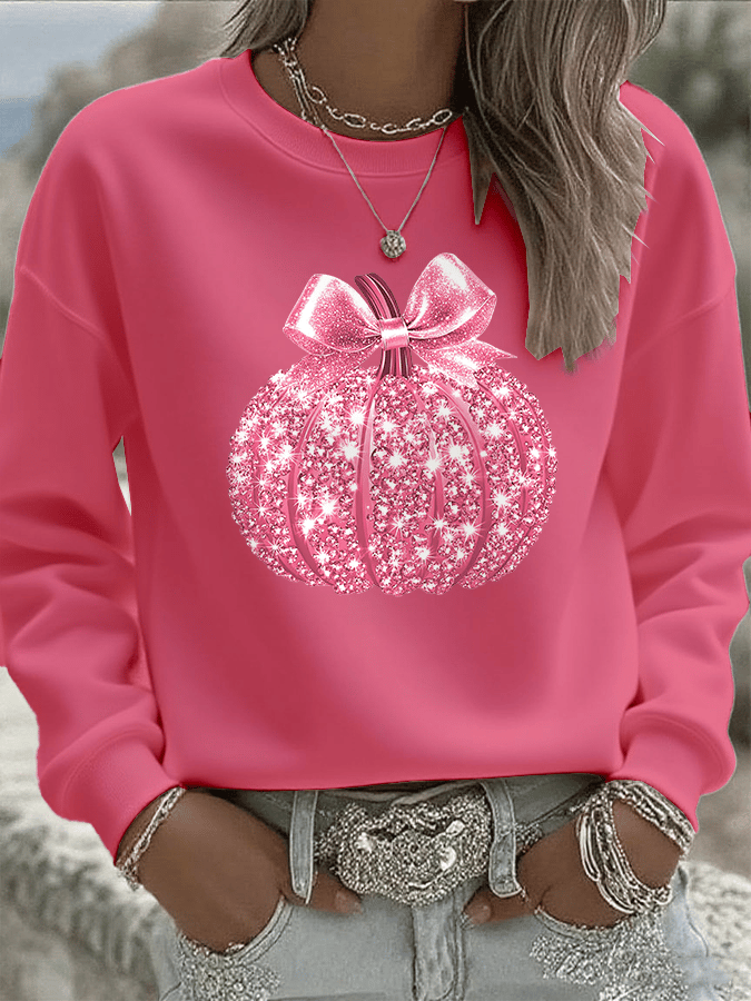 Women's Breast Cancer Sequin Pumpkin Print Crew Neck Sweatshirt