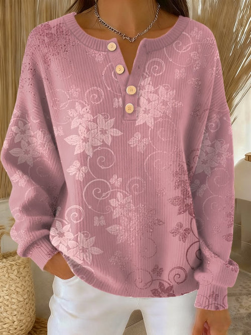 Women's Casual Retro Pink Floral Button Sweatshirt