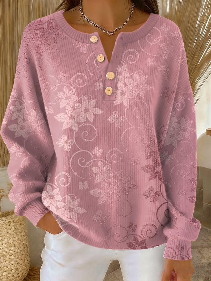 Women's Casual Retro Pink Floral Button Sweatshirt