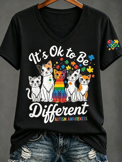 Women'S Casual V-Neck Top With Autism Awareness Print