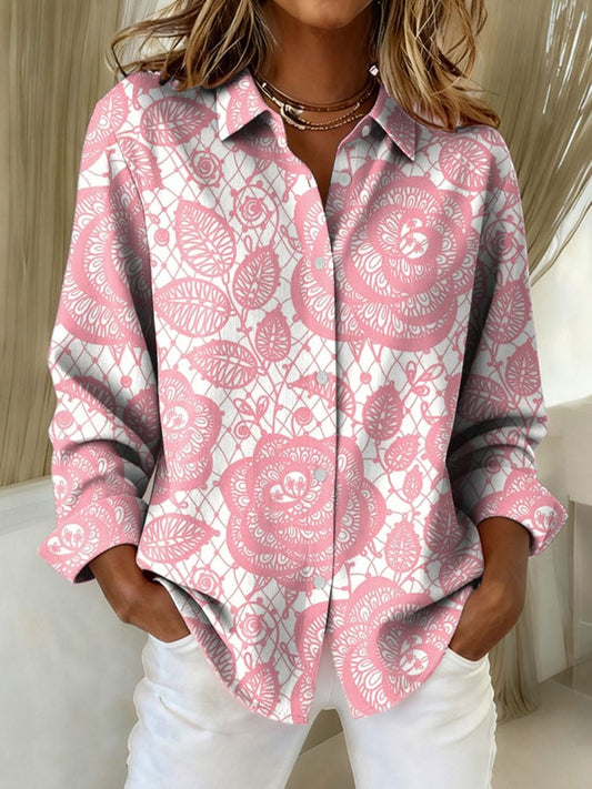 Women's Pink Lace Floral Print Casual Lapel Shirt