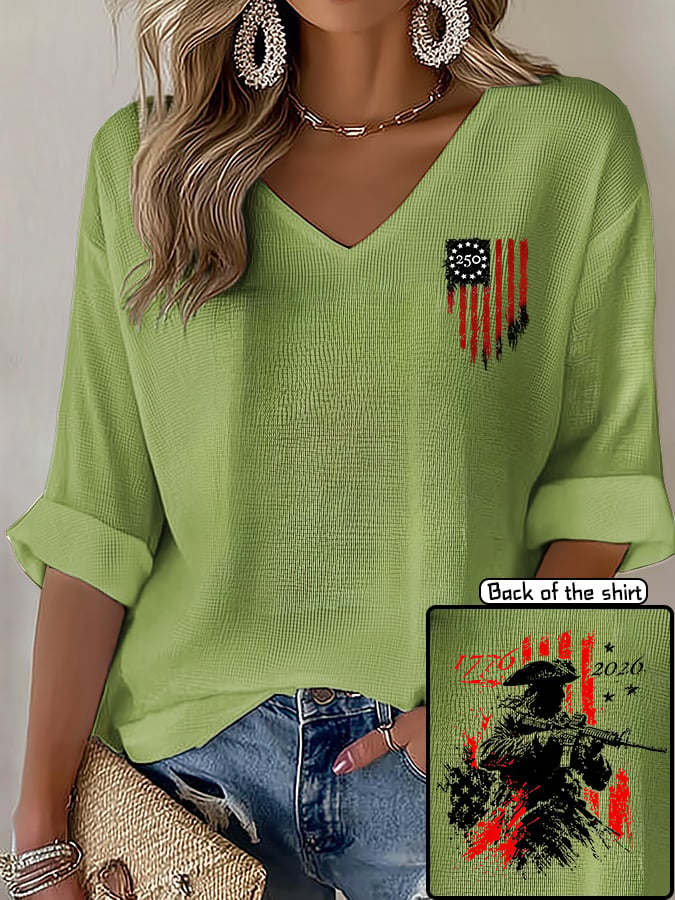 V-Neck 250th Anniversary Distressed American Flag 2-sided Print T-Shirt