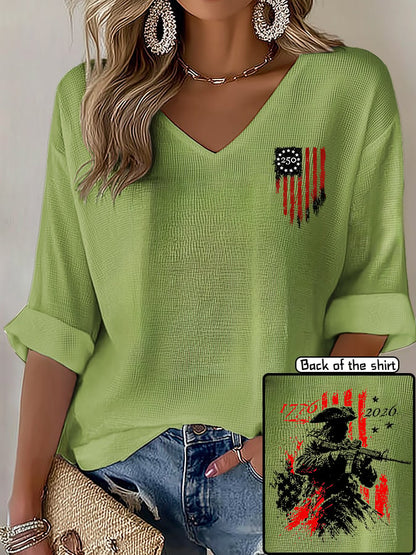 V-Neck 250th Anniversary Distressed American Flag 2-sided Print T-Shirt