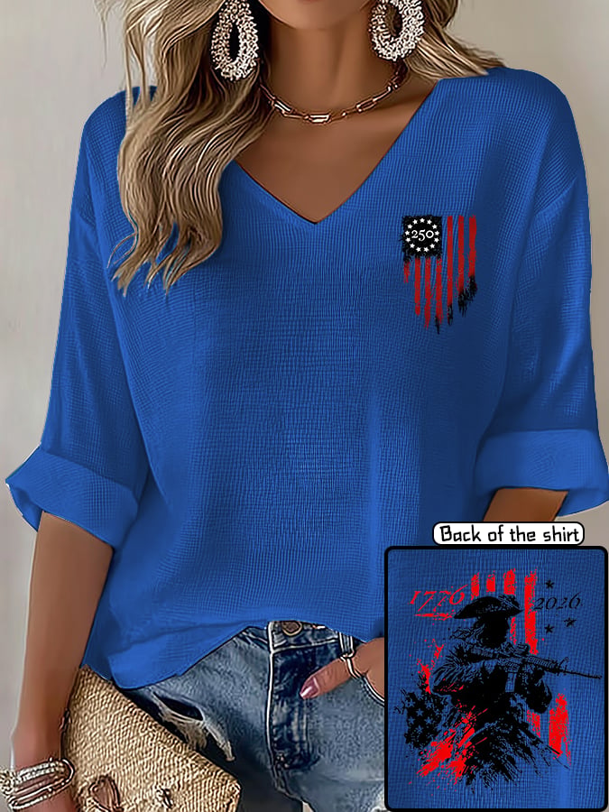 V-Neck 250th Anniversary Distressed American Flag 2-sided Print T-Shirt
