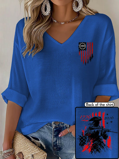 V-Neck 250th Anniversary Distressed American Flag 2-sided Print T-Shirt