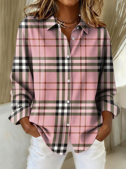 Women's Pink Plaid Print Casual Lapel Shirt