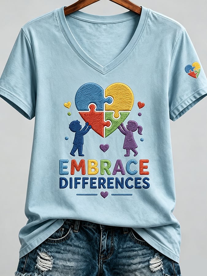 Women'S Casual V-Neck Top With Autism Awareness Print