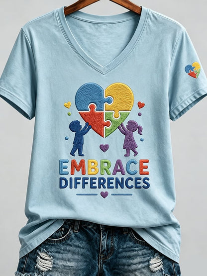 Women'S Casual V-Neck Top With Autism Awareness Print