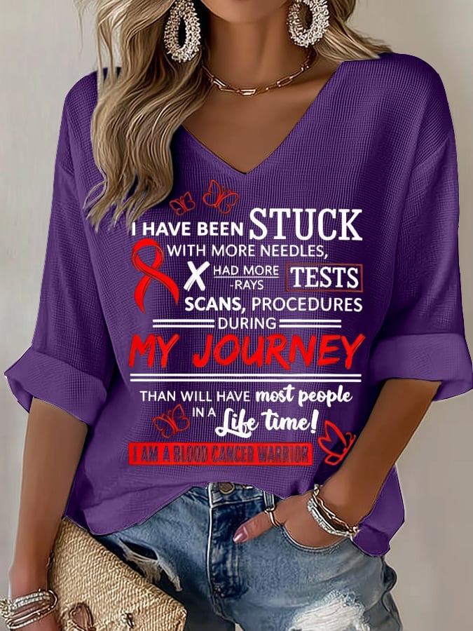Women's Blood Cancer Red Ribbon Health Awareness Casual Printed Waffle Top