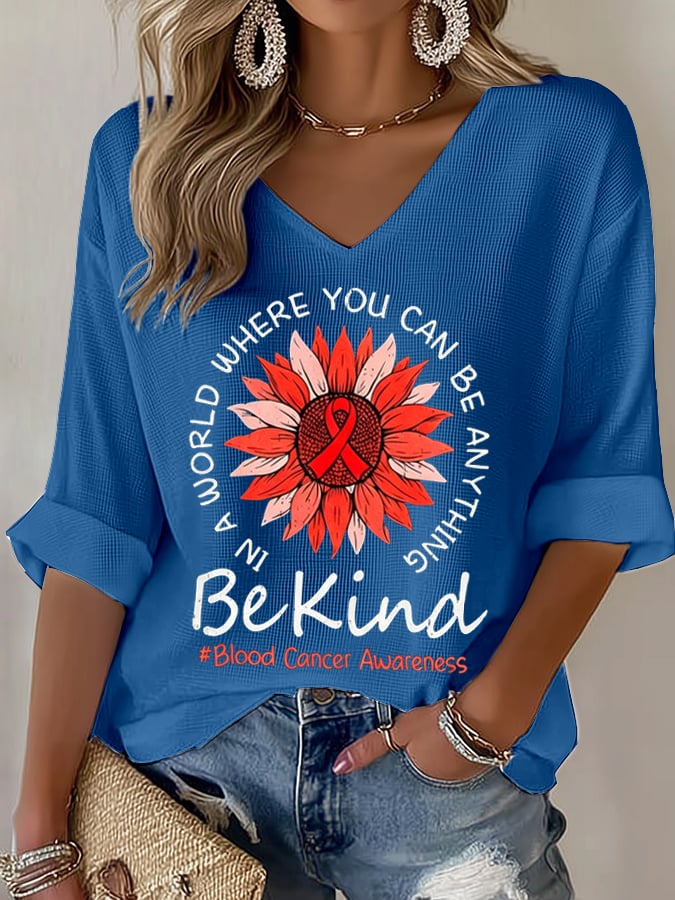 Women's Blood Cancer Red Ribbon Health Awareness Casual Printed Waffle Top