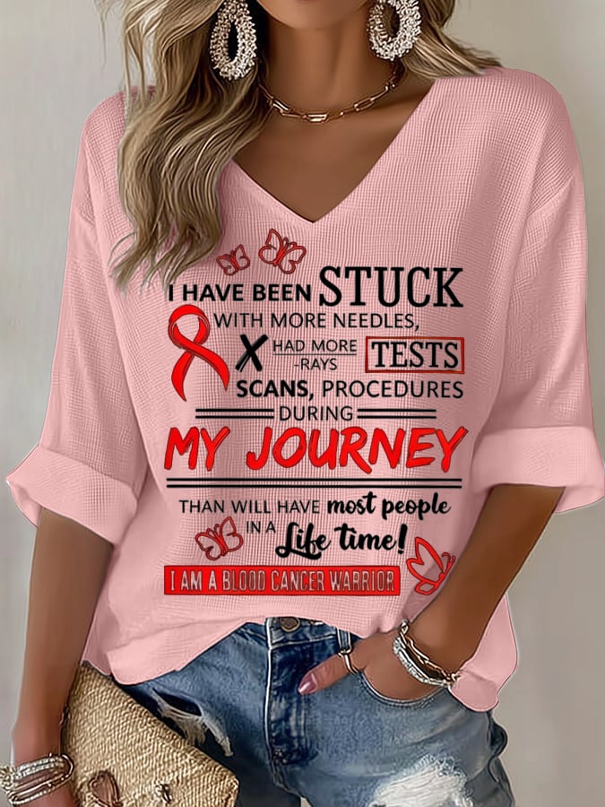 Women's Blood Cancer Red Ribbon Health Awareness Casual Printed Waffle Top