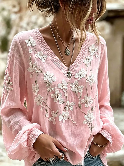 Women's  Floral Cotton-Linen Print Top