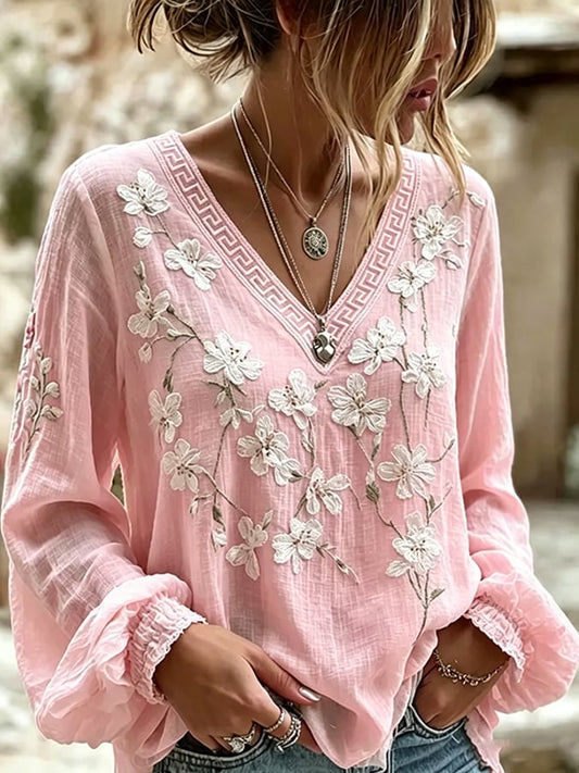Women's  Floral Cotton-Linen Print Top