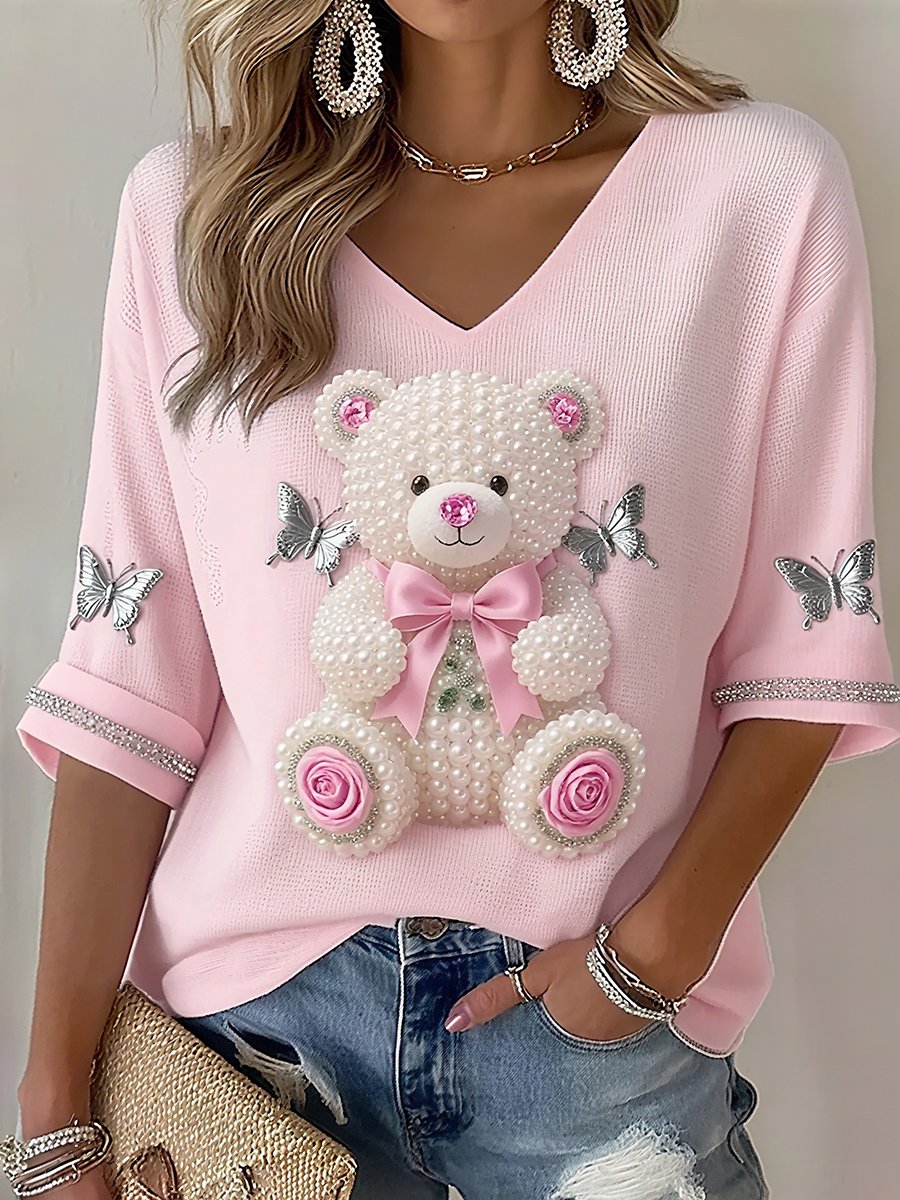 Women's Casual Pink Artistic Bear Waffle Knit Long-Sleeve T-Shirt