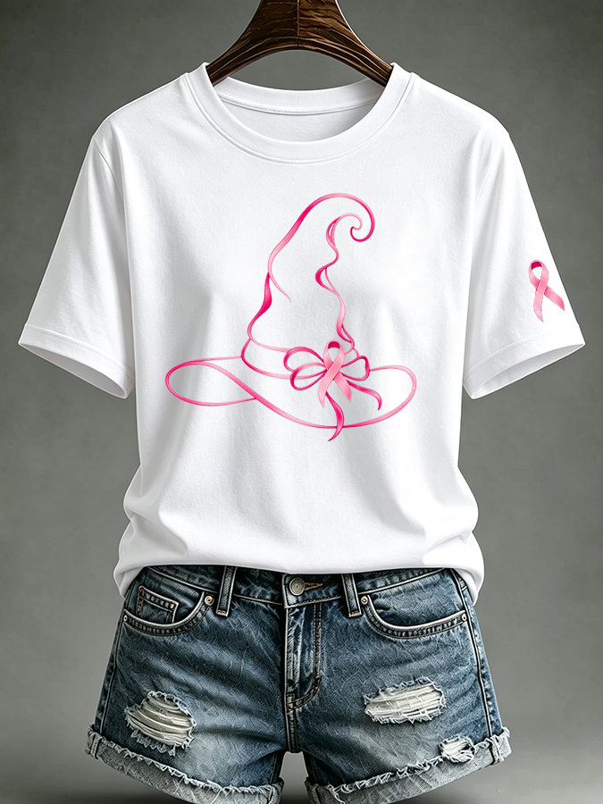Women's Pink Witch Hat Printed Casual T-Shirt