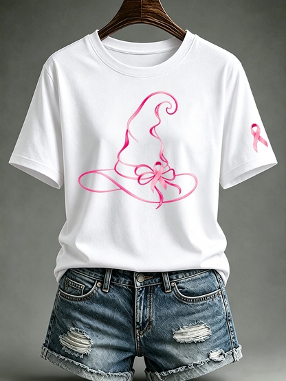 Women's Pink Witch Hat Printed Casual T-Shirt