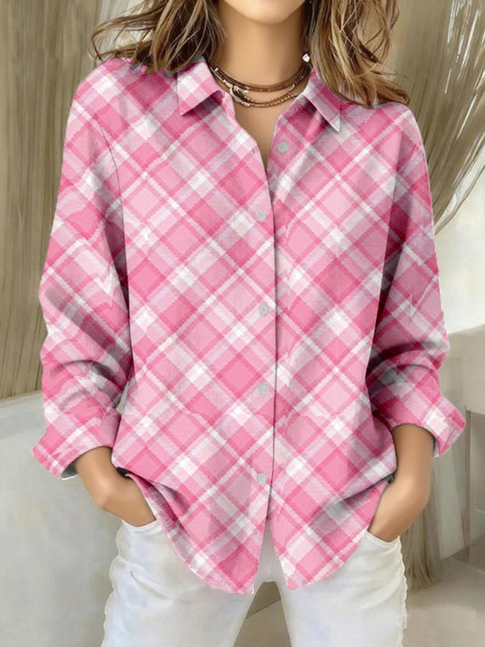Women's Pink Plaid Print Casual Collar Shirt