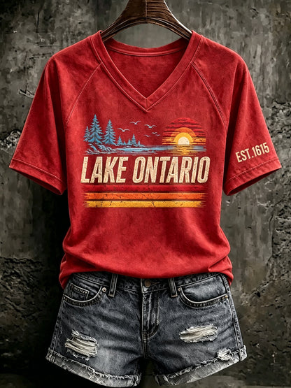 V Neck Retro Lake Ontario Est 1615 Print T-Shirt