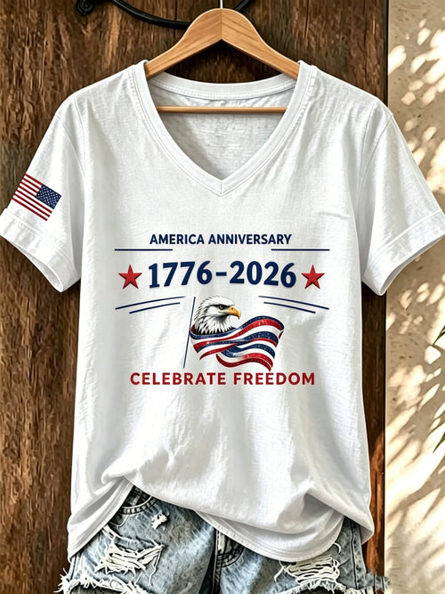 Women's American 250th Anniversary Print Casual V-Neck T-Shirt