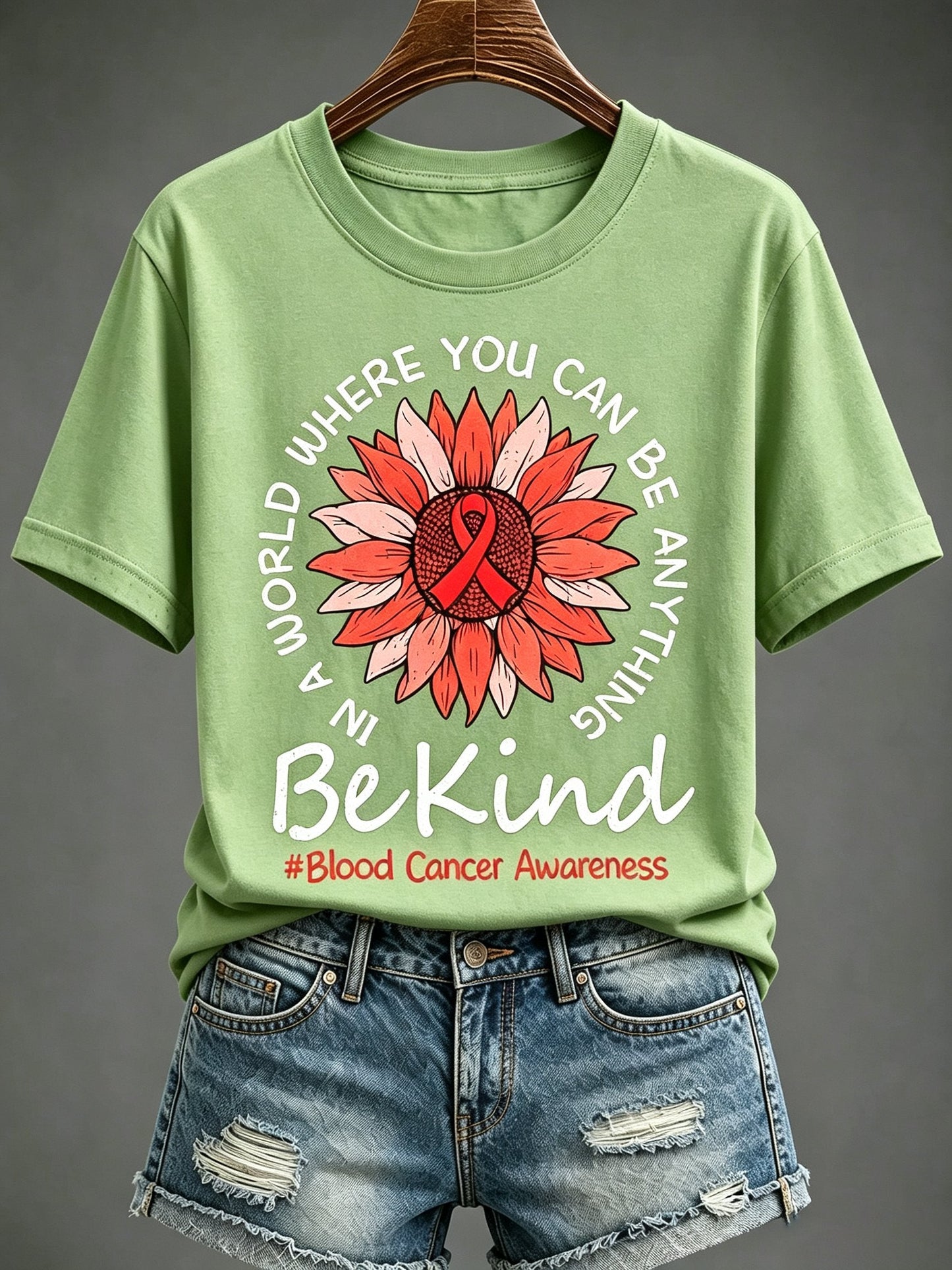 Women'S Blood Cancer Red Ribbon Health Awareness Round Neck T-Shirt