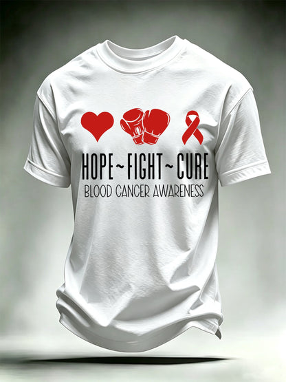 Men's T-shirts with designs promoting awareness of blood cancers